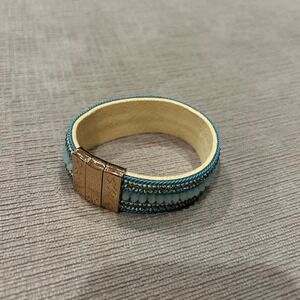 Light blue & gold beaded bangle bracelet with magnetic clasp